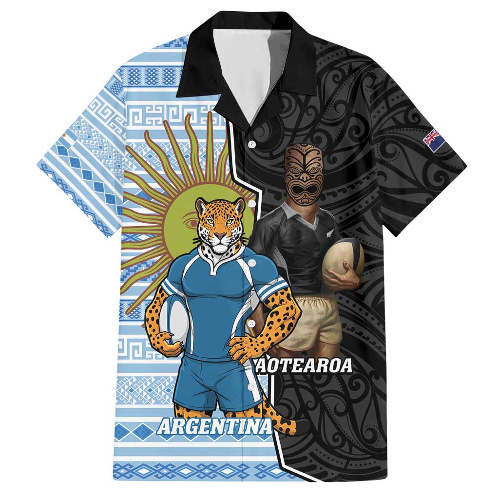 New Zealand Argentina Rugby Custom Hawaiian Shirt 2025 Los Pumas All Black Together LT14 Black - Polynesian Pride