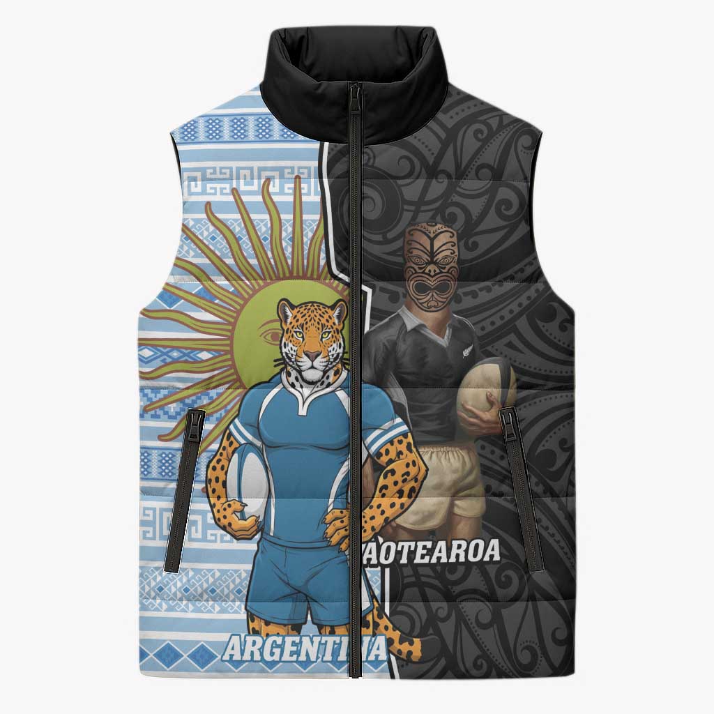 New Zealand Argentina Rugby Custom Sleeveless Puffer Jacket 2025 Los Pumas All Black Together LT14 Unisex Black - Polynesian Pride