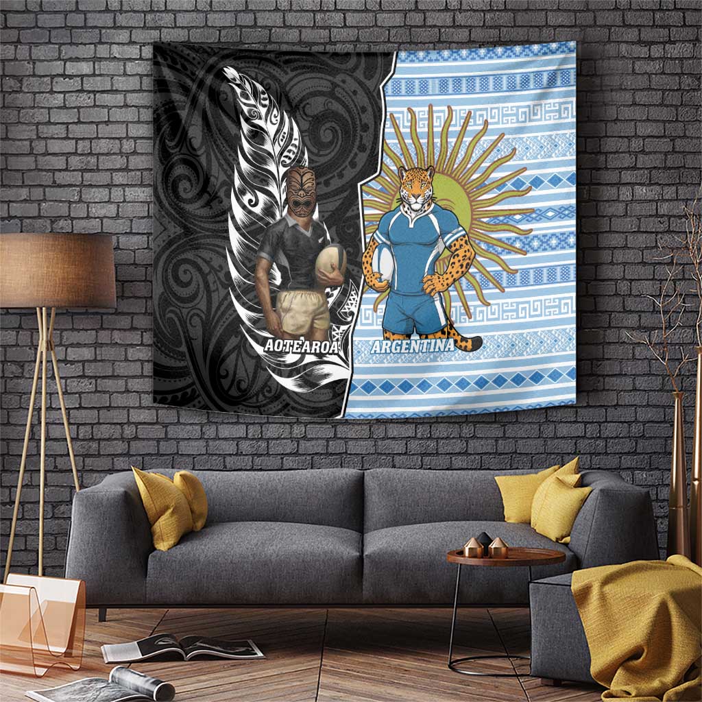 New Zealand Argentina Rugby Tapestry 2025 Los Pumas All Black Together LT14 Black - Polynesian Pride