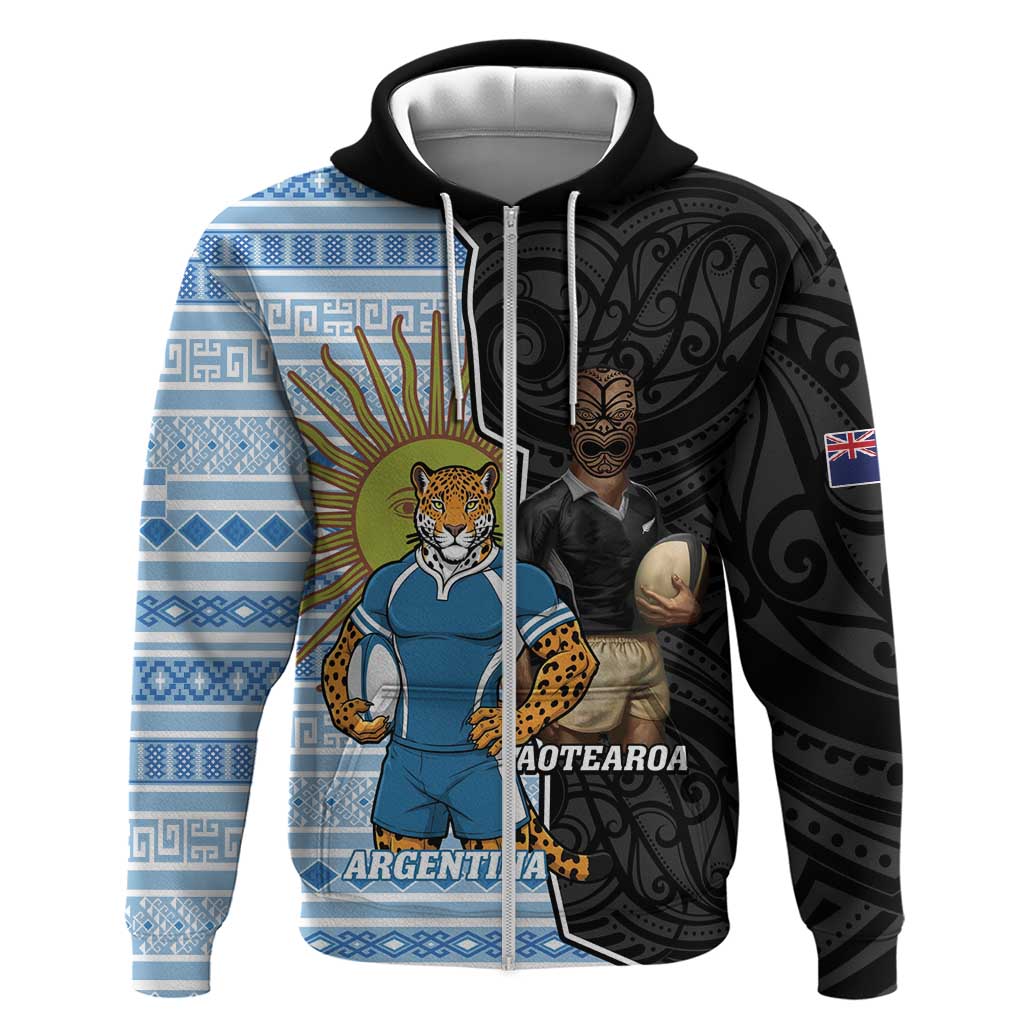 New Zealand Argentina Rugby Custom Zip Hoodie 2025 Los Pumas All Black Together LT14 Zip Hoodie Black - Polynesian Pride