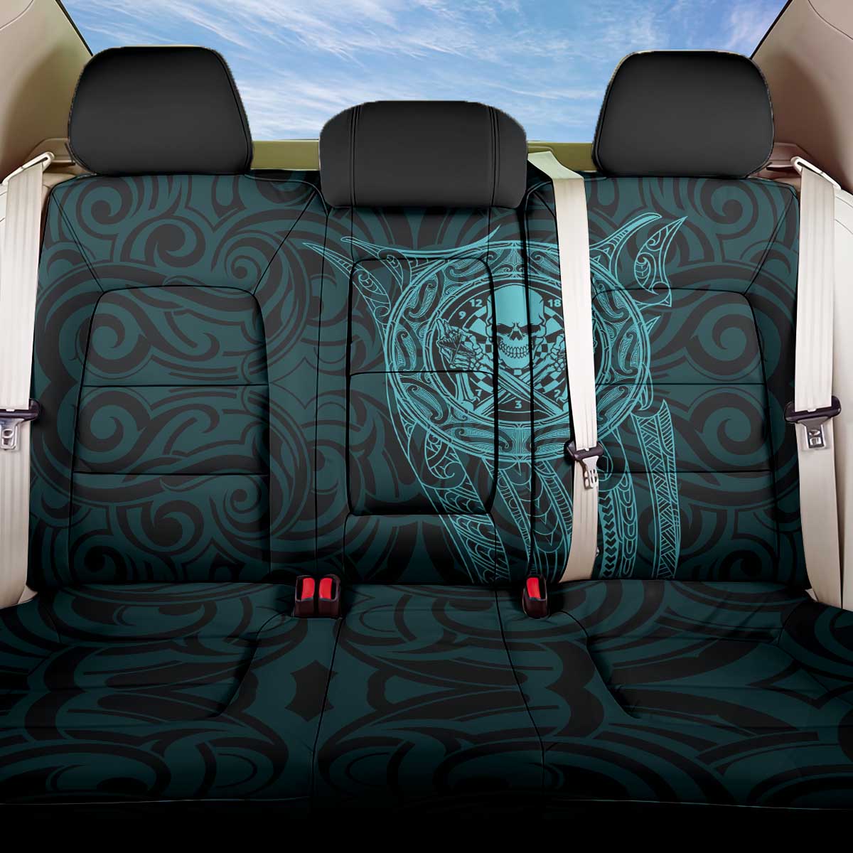 New Zealand Skull Darts Back Car Seat Cover Aotearoa Maori Chest Tattoo Stylized Teal LT14 One Size Teal - Polynesian Pride