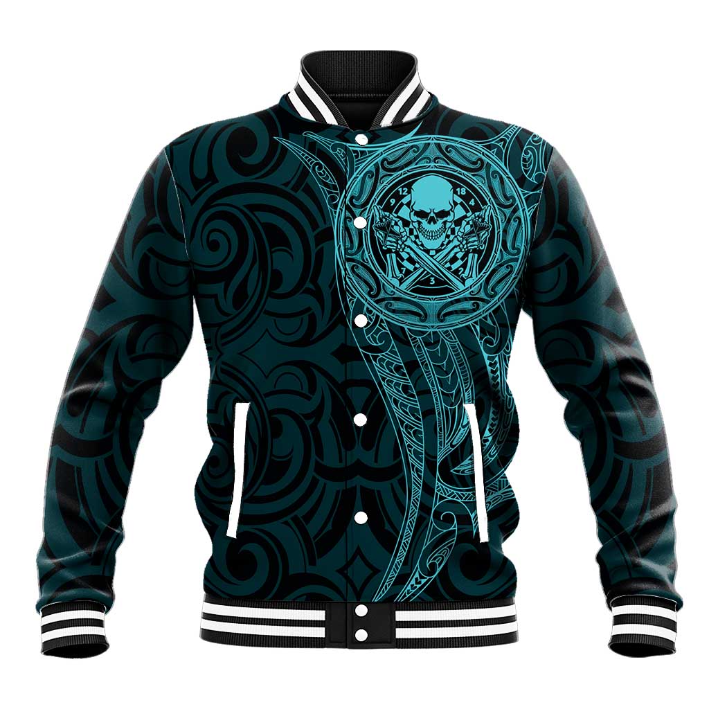 New Zealand Skull Darts Baseball Jacket Aotearoa Maori Chest Tattoo Stylized Teal LT14 Unisex Teal - Polynesian Pride