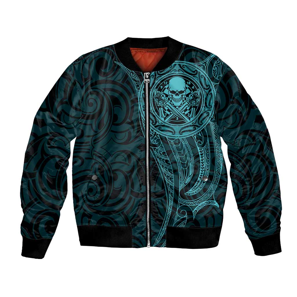 New Zealand Skull Darts Bomber Jacket Aotearoa Maori Chest Tattoo Stylized Teal LT14 Unisex Teal - Polynesian Pride