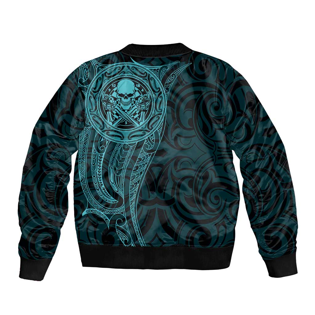 New Zealand Skull Darts Bomber Jacket Aotearoa Maori Chest Tattoo Stylized Teal LT14 - Polynesian Pride