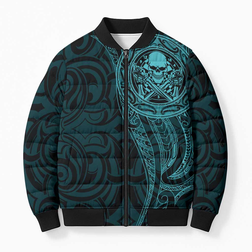 New Zealand Skull Darts Bomber Puffer Jacket Aotearoa Maori Chest Tattoo Stylized Teal LT14 Unisex Teal - Polynesian Pride