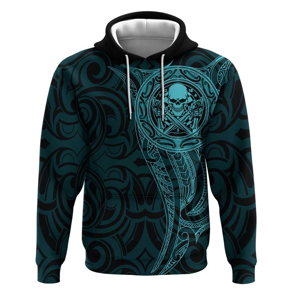 New Zealand Skull Darts Hoodie Aotearoa Maori Chest Tattoo Stylized Teal LT14 Pullover Hoodie Teal - Polynesian Pride