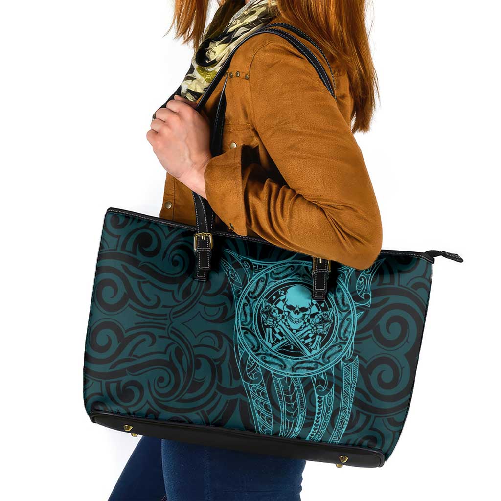 New Zealand Skull Darts Leather Tote Bag Aotearoa Maori Chest Tattoo Stylized Teal LT14 Teal - Polynesian Pride