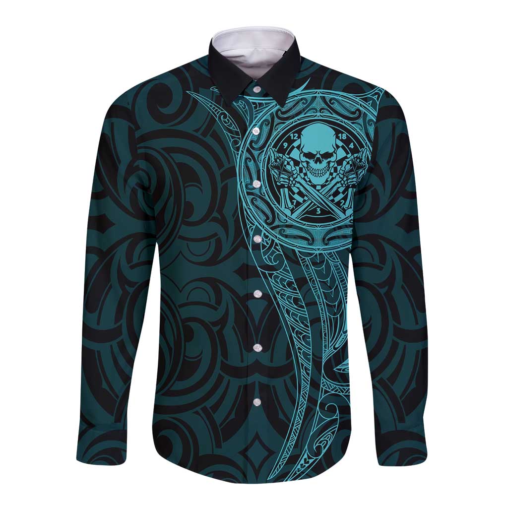 New Zealand Skull Darts Long Sleeve Button Shirt Aotearoa Maori Chest Tattoo Stylized Teal LT14 Unisex Teal - Polynesian Pride