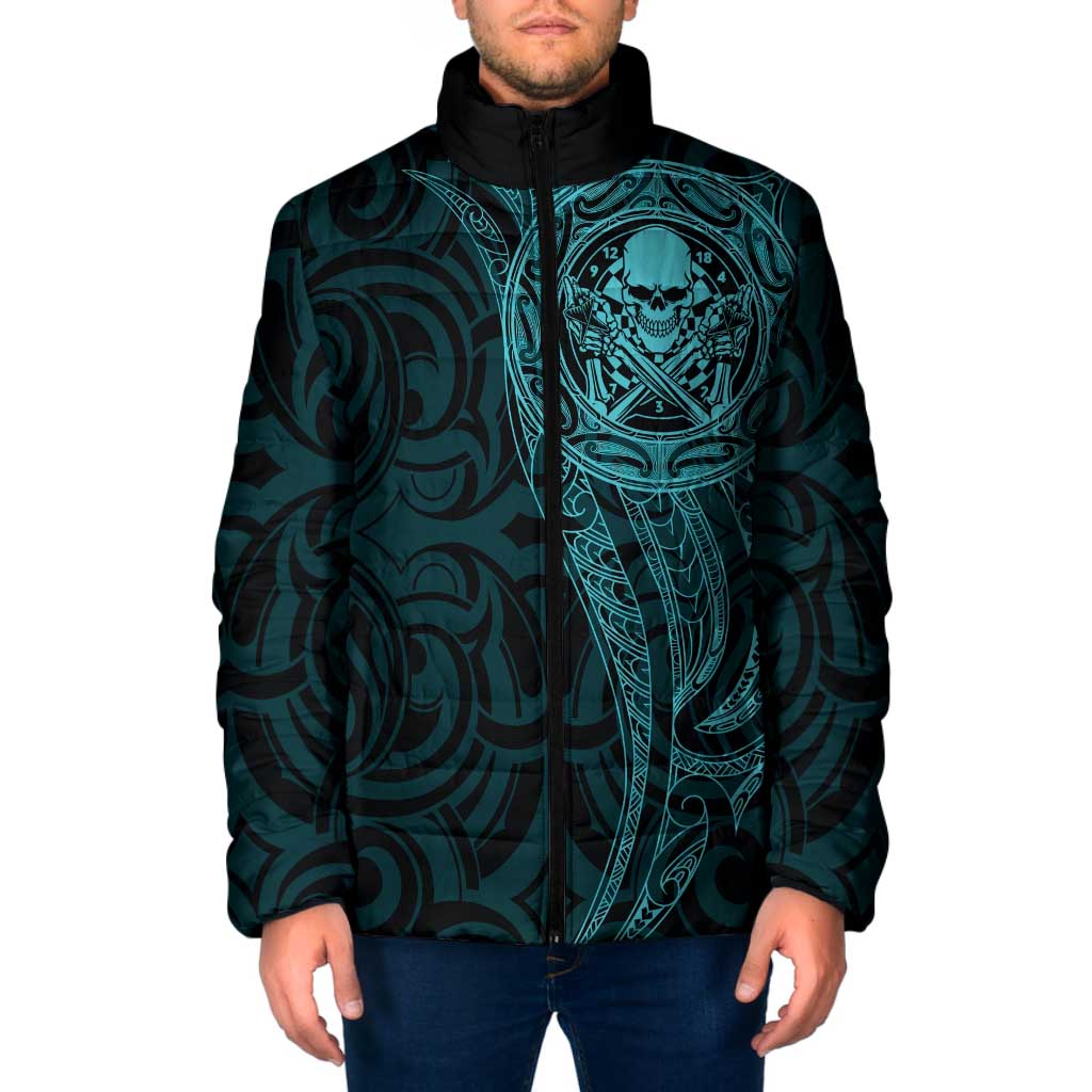New Zealand Skull Darts Padded Jacket Aotearoa Maori Chest Tattoo Stylized Teal LT14 Men Teal - Polynesian Pride