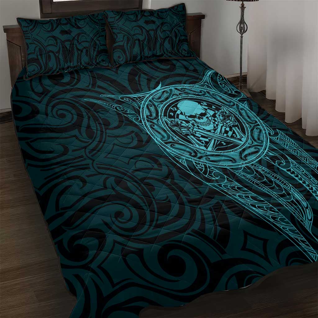 New Zealand Skull Darts Quilt Bed Set Aotearoa Maori Chest Tattoo Stylized Teal LT14 Teal - Polynesian Pride