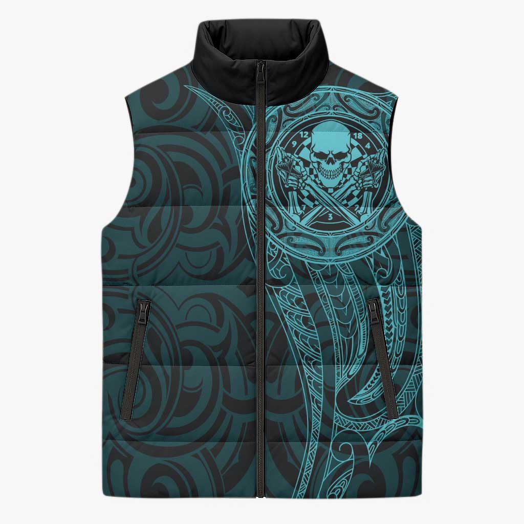 New Zealand Skull Darts Sleeveless Puffer Jacket Aotearoa Maori Chest Tattoo Stylized Teal LT14 Unisex Teal - Polynesian Pride
