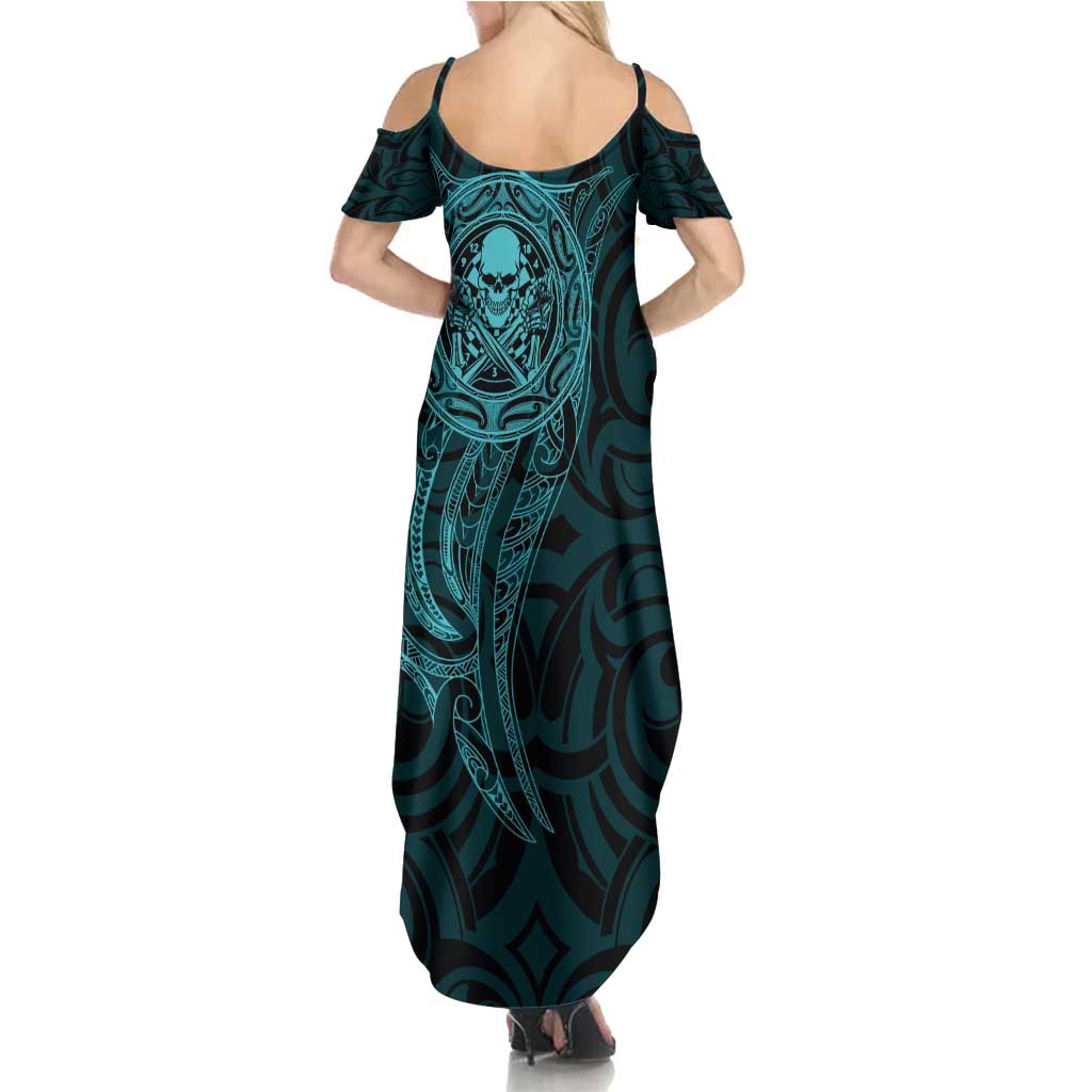 New Zealand Skull Darts Summer Maxi Dress Aotearoa Maori Chest Tattoo Stylized Teal LT14 - Polynesian Pride