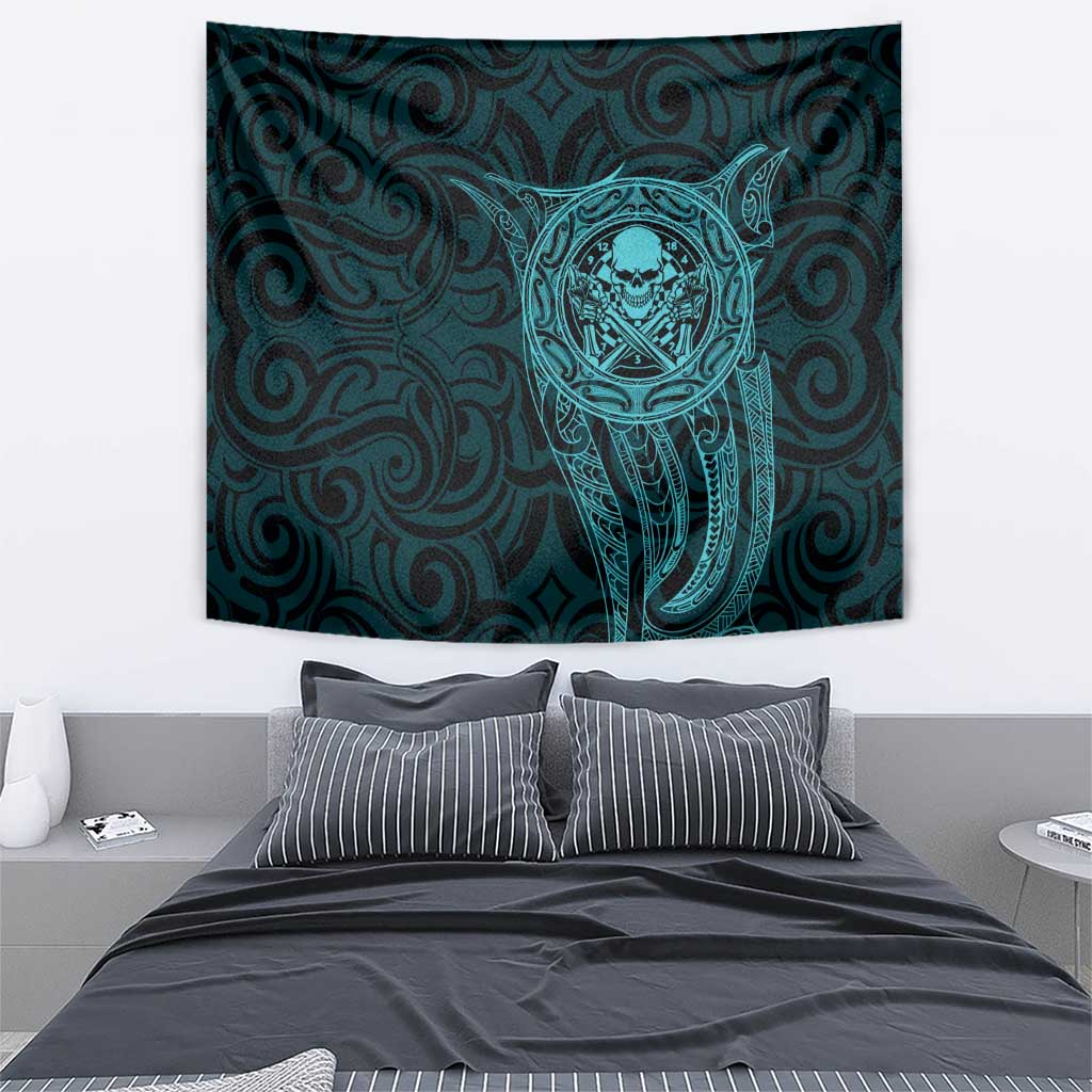 New Zealand Skull Darts Tapestry Aotearoa Maori Chest Tattoo Stylized Teal LT14 - Polynesian Pride