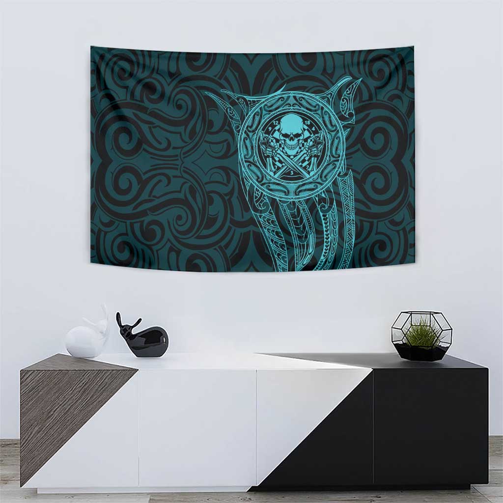 New Zealand Skull Darts Tapestry Aotearoa Maori Chest Tattoo Stylized Teal LT14 - Polynesian Pride