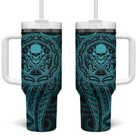 New Zealand Skull Darts Tumbler With Handle Aotearoa Maori Chest Tattoo Stylized Teal LT14 One Size: 40 oz Teal - Polynesian Pride