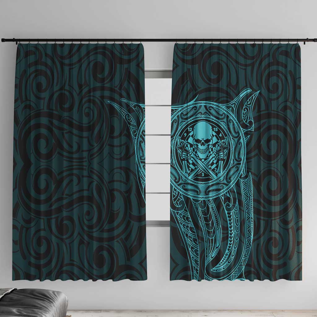 New Zealand Skull Darts Window Curtain Aotearoa Maori Chest Tattoo Stylized Teal LT14 With Hooks Teal - Polynesian Pride