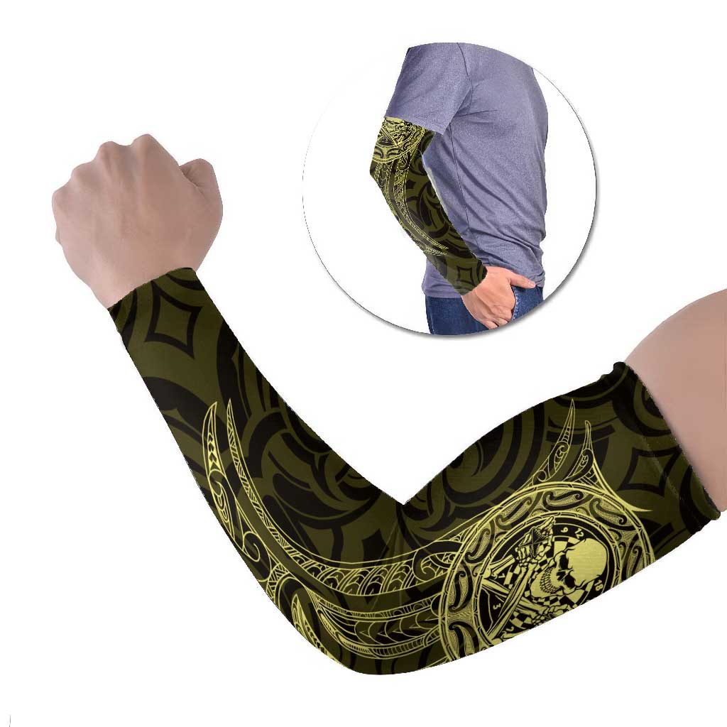 New Zealand Skull Darts Arm Sleeves Aotearoa Maori Chest Tattoo Stylized Gold LT14 Set of 2 Gold - Polynesian Pride