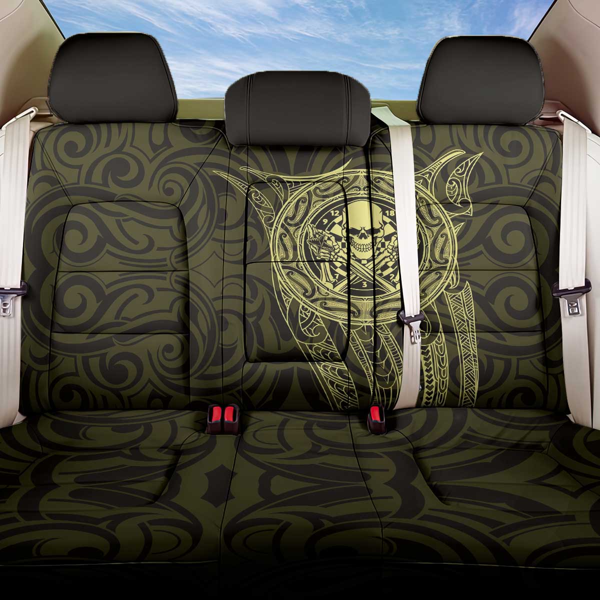 New Zealand Skull Darts Back Car Seat Cover Aotearoa Maori Chest Tattoo Stylized Gold LT14 One Size Gold - Polynesian Pride