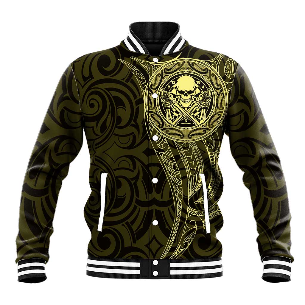New Zealand Skull Darts Baseball Jacket Aotearoa Maori Chest Tattoo Stylized Gold LT14 Unisex Gold - Polynesian Pride