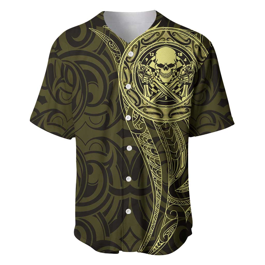 New Zealand Skull Darts Baseball Jersey Aotearoa Maori Chest Tattoo Stylized Gold LT14 Gold - Polynesian Pride
