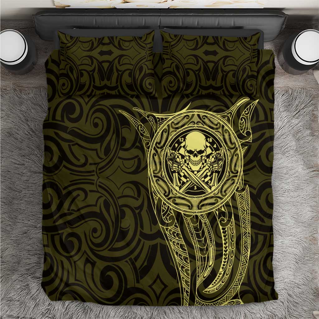 New Zealand Skull Darts Bedding Set Aotearoa Maori Chest Tattoo Stylized Gold LT14 Gold - Polynesian Pride
