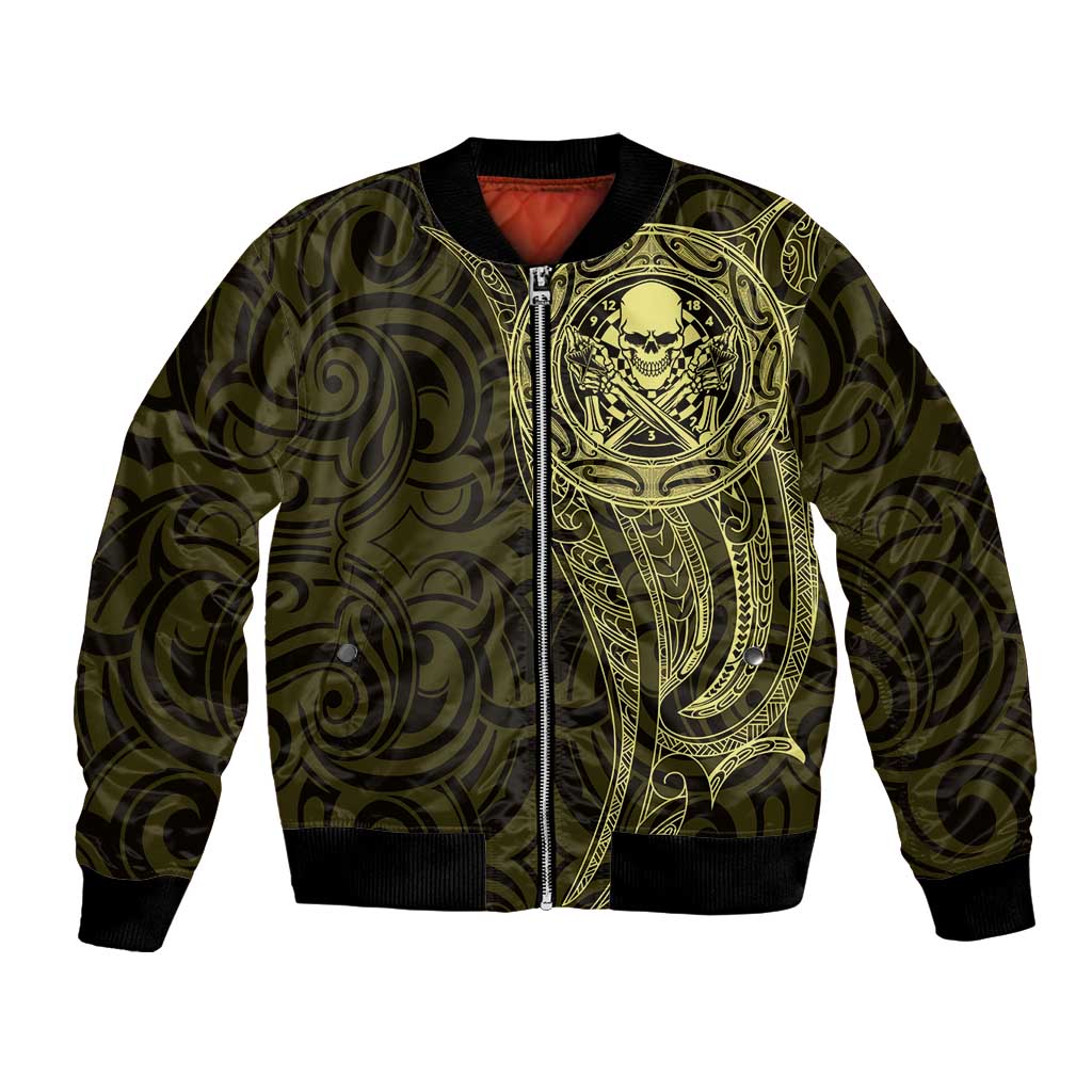 New Zealand Skull Darts Bomber Jacket Aotearoa Maori Chest Tattoo Stylized Gold LT14 Unisex Gold - Polynesian Pride