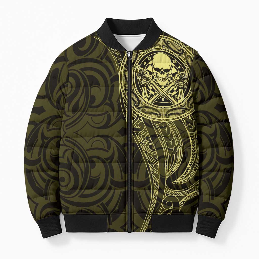 New Zealand Skull Darts Bomber Puffer Jacket Aotearoa Maori Chest Tattoo Stylized Gold LT14 Unisex Gold - Polynesian Pride