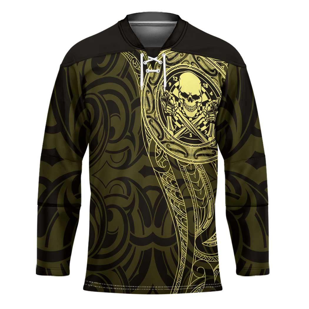 New Zealand Skull Darts Hockey Jersey Aotearoa Maori Chest Tattoo Stylized Gold LT14 Unisex Gold - Polynesian Pride