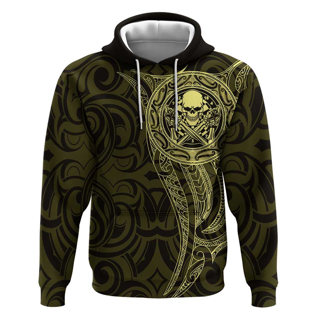 New Zealand Skull Darts Hoodie Aotearoa Maori Chest Tattoo Stylized Gold LT14 Pullover Hoodie Gold - Polynesian Pride