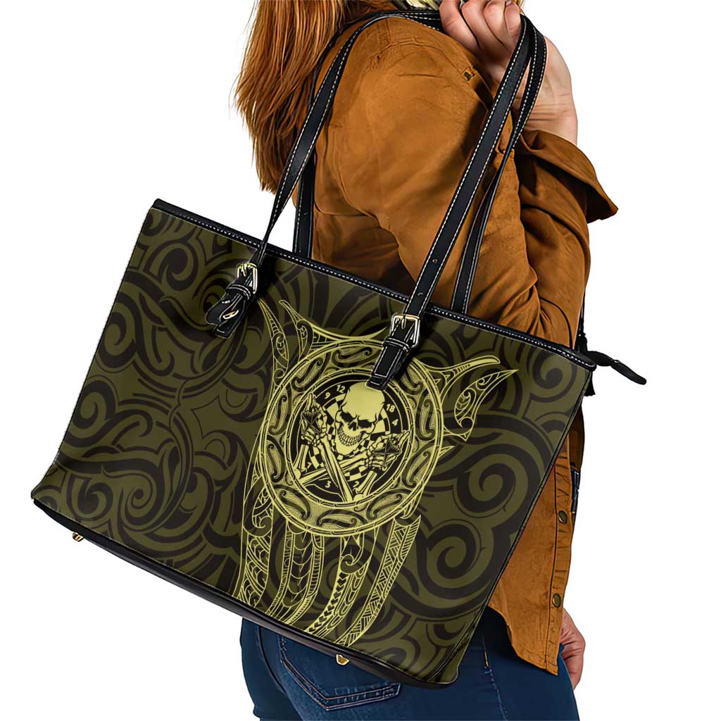 New Zealand Skull Darts Leather Tote Bag Aotearoa Maori Chest Tattoo Stylized Gold LT14 - Polynesian Pride