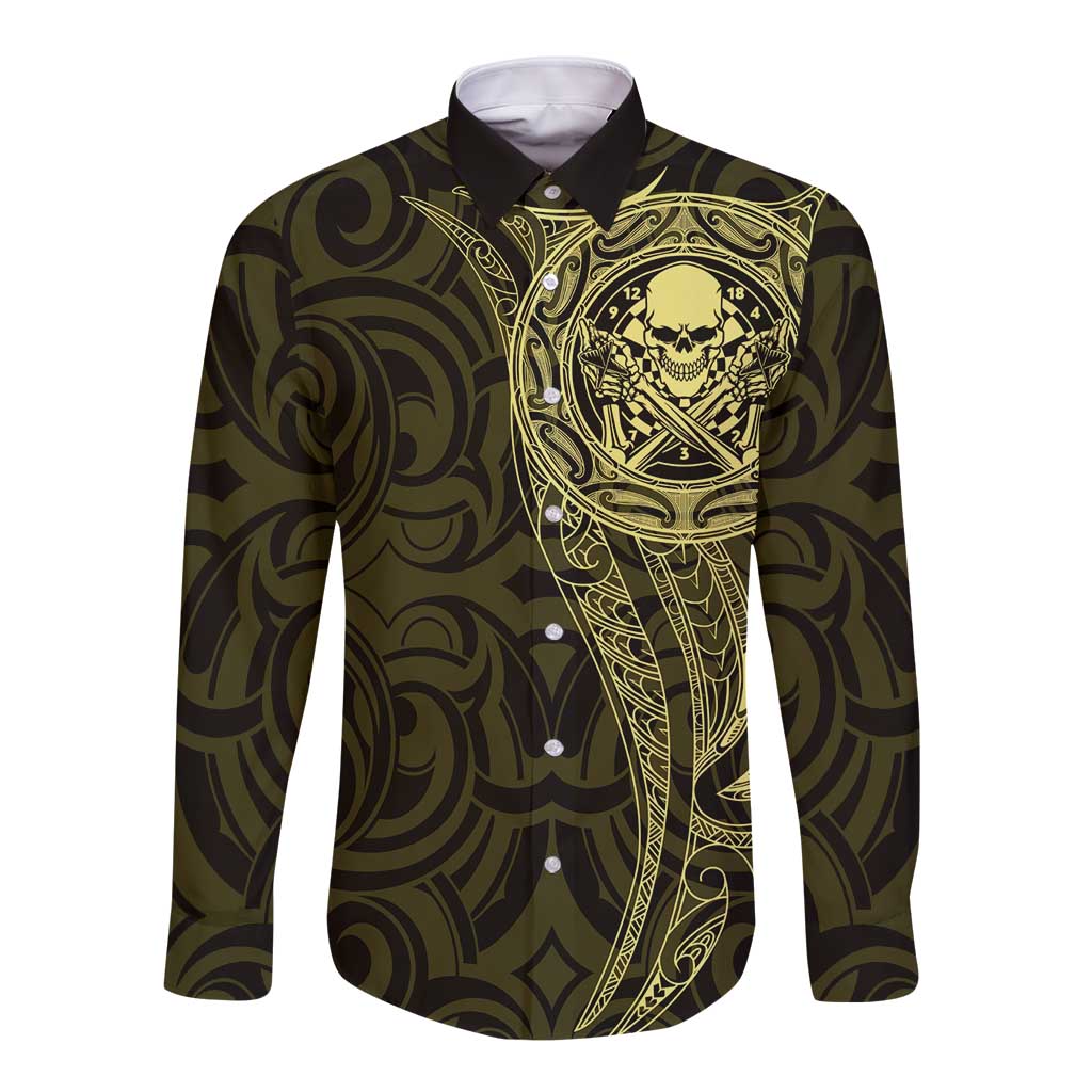 New Zealand Skull Darts Long Sleeve Button Shirt Aotearoa Maori Chest Tattoo Stylized Gold LT14 Unisex Gold - Polynesian Pride