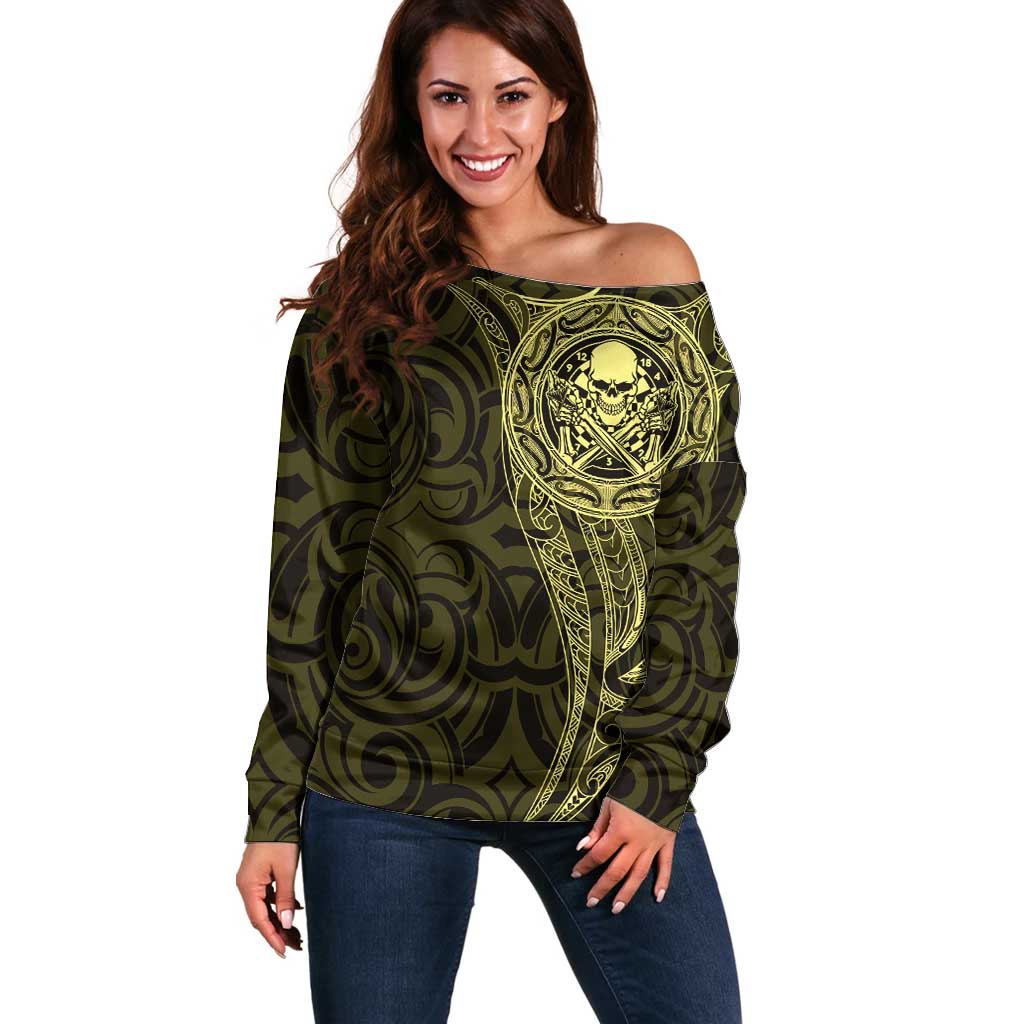 New Zealand Skull Darts Off Shoulder Sweater Aotearoa Maori Chest Tattoo Stylized Gold LT14 Women Gold - Polynesian Pride