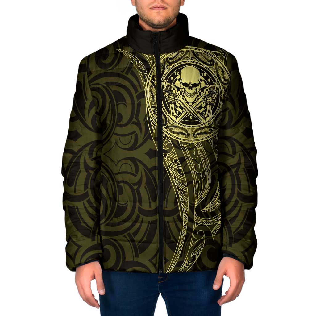 New Zealand Skull Darts Padded Jacket Aotearoa Maori Chest Tattoo Stylized Gold LT14 Men Gold - Polynesian Pride