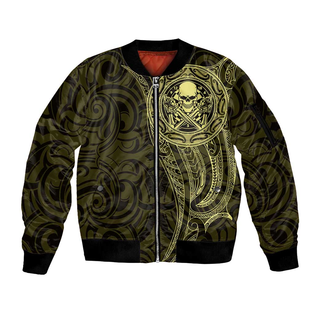 New Zealand Skull Darts Sleeve Zip Bomber Jacket Aotearoa Maori Chest Tattoo Stylized Gold LT14 Unisex Gold - Polynesian Pride