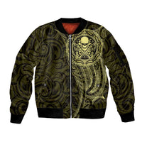 New Zealand Skull Darts Sleeve Zip Bomber Jacket Aotearoa Maori Chest Tattoo Stylized Gold LT14 Unisex Gold - Polynesian Pride