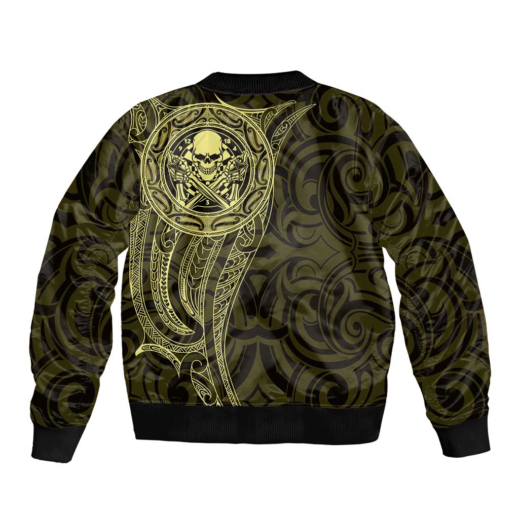 New Zealand Skull Darts Sleeve Zip Bomber Jacket Aotearoa Maori Chest Tattoo Stylized Gold LT14 - Polynesian Pride