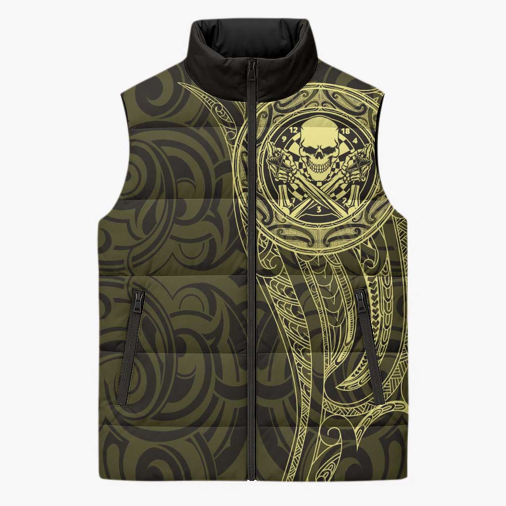 New Zealand Skull Darts Sleeveless Puffer Jacket Aotearoa Maori Chest Tattoo Stylized Gold LT14 Unisex Gold - Polynesian Pride