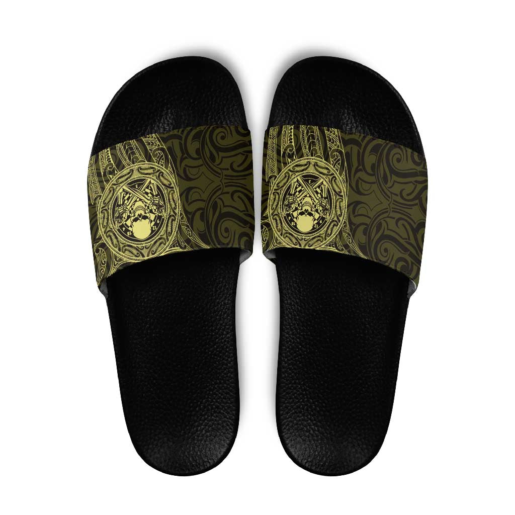 New Zealand Skull Darts Slide Sandals Aotearoa Maori Chest Tattoo Stylized Gold LT14 Gold - Polynesian Pride
