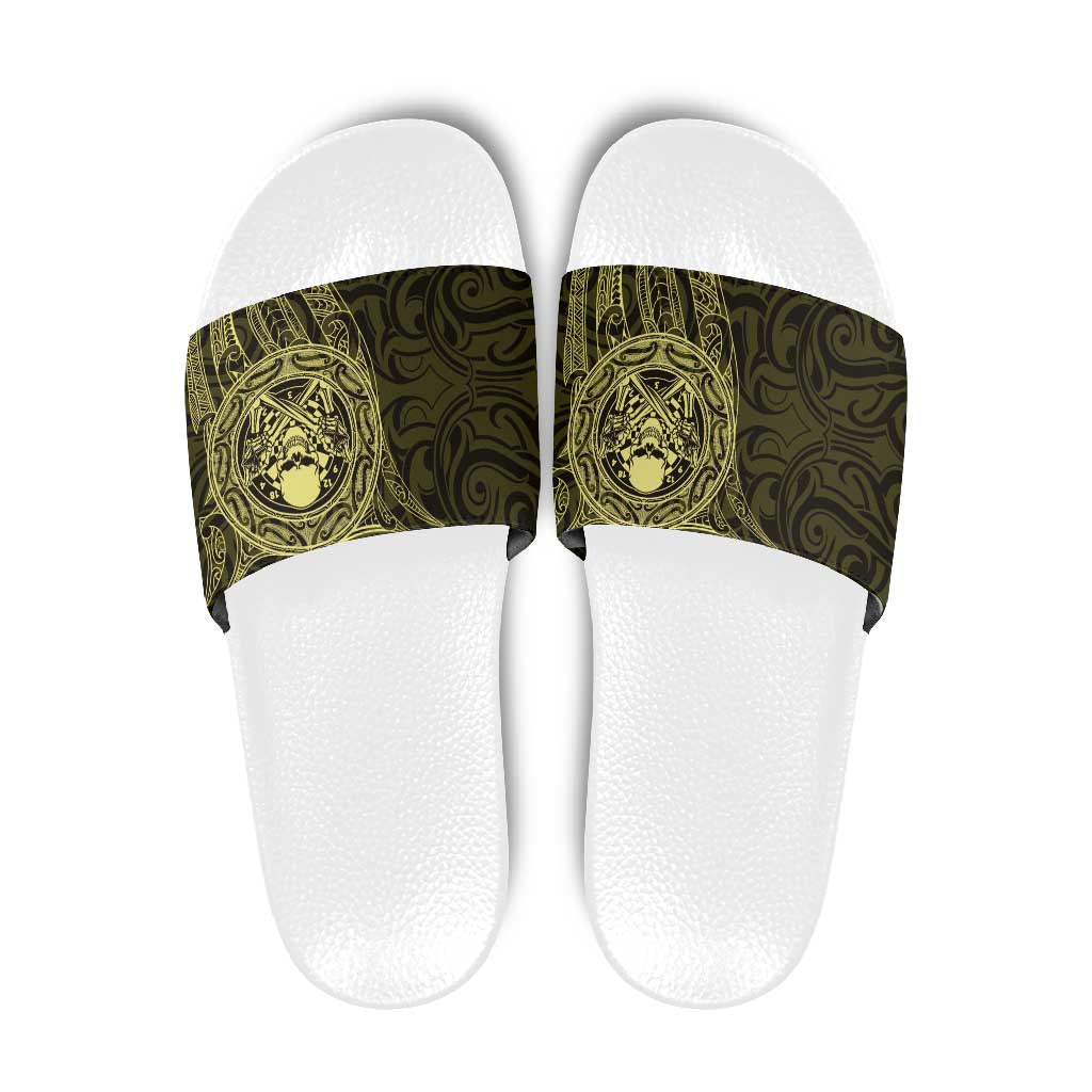 New Zealand Skull Darts Slide Sandals Aotearoa Maori Chest Tattoo Stylized Gold LT14 Gold - Polynesian Pride