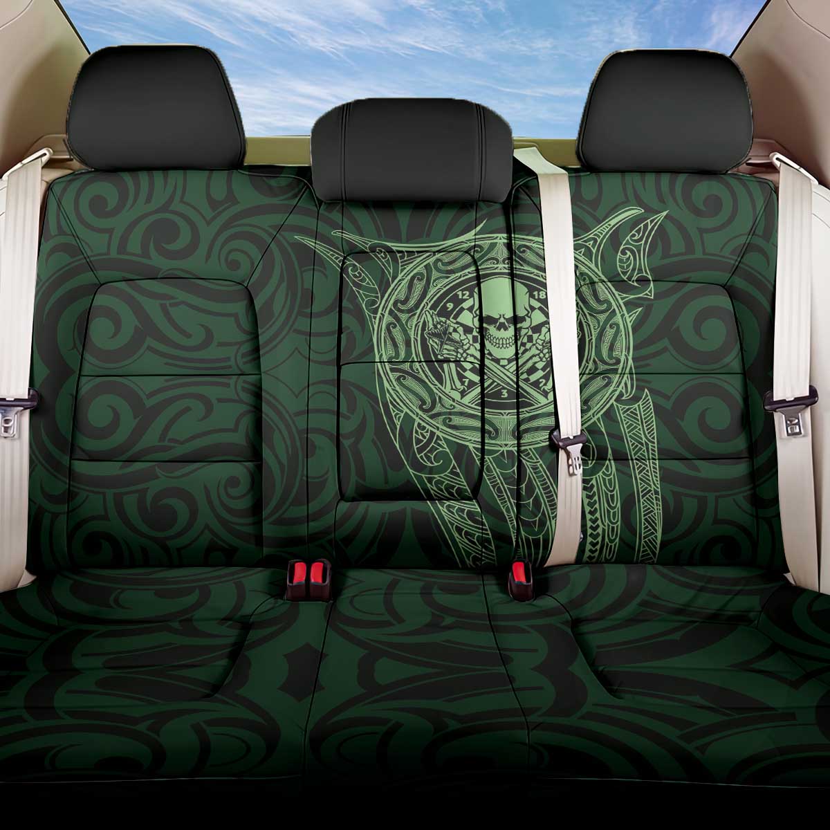 New Zealand Skull Darts Back Car Seat Cover Aotearoa Maori Chest Tattoo Stylized Green LT14 One Size Green - Polynesian Pride