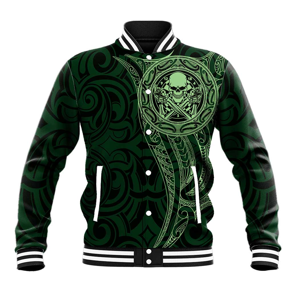 New Zealand Skull Darts Baseball Jacket Aotearoa Maori Chest Tattoo Stylized Green LT14 Unisex Green - Polynesian Pride