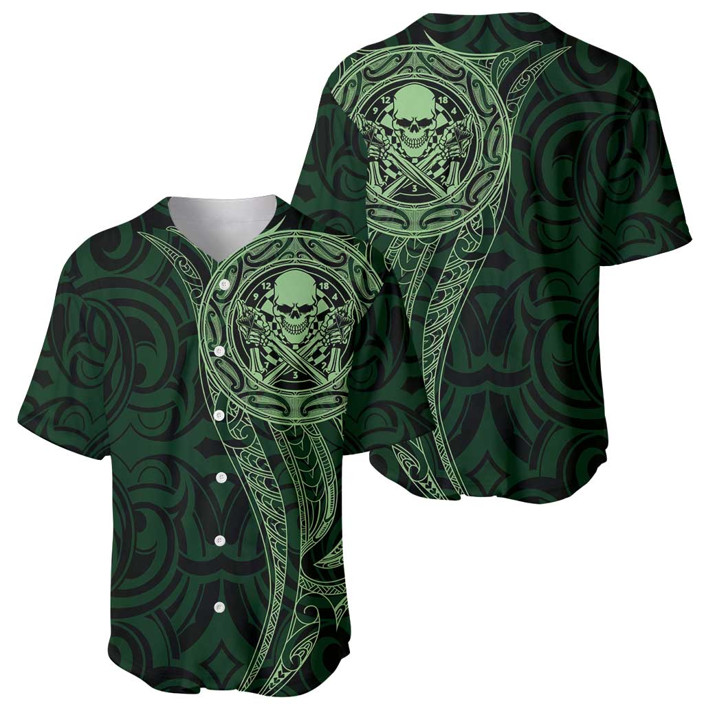 New Zealand Skull Darts Baseball Jersey Aotearoa Maori Chest Tattoo Stylized Green LT14 - Polynesian Pride