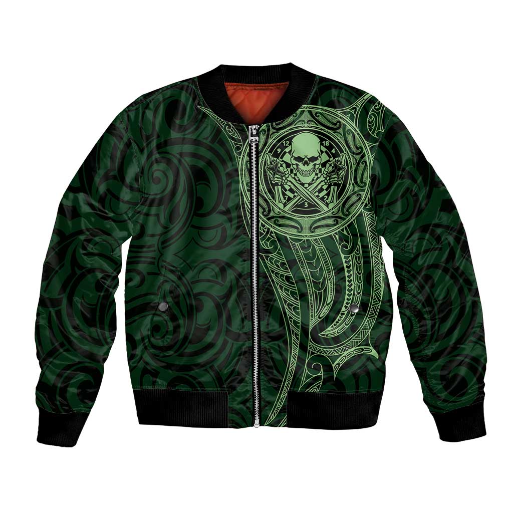 New Zealand Skull Darts Bomber Jacket Aotearoa Maori Chest Tattoo Stylized Green LT14 Unisex Green - Polynesian Pride