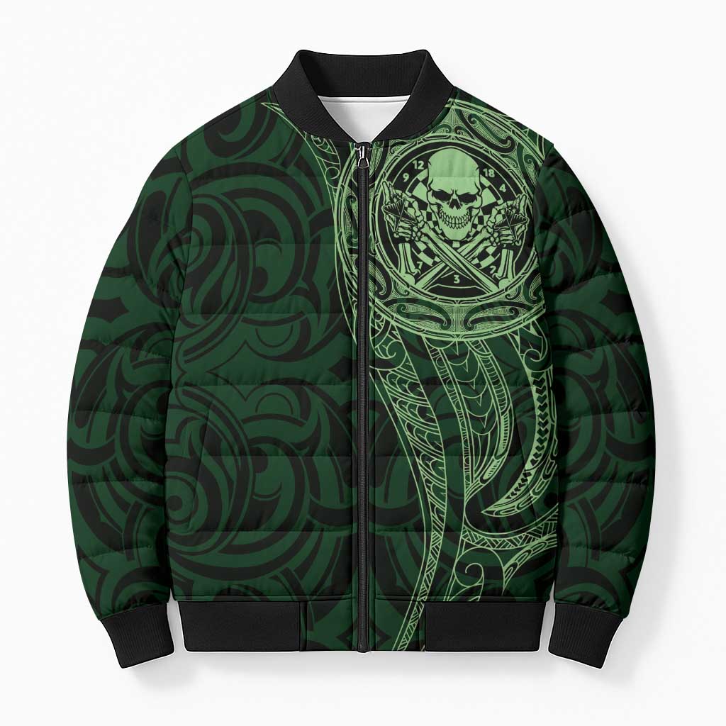 New Zealand Skull Darts Bomber Puffer Jacket Aotearoa Maori Chest Tattoo Stylized Green LT14 Unisex Green - Polynesian Pride