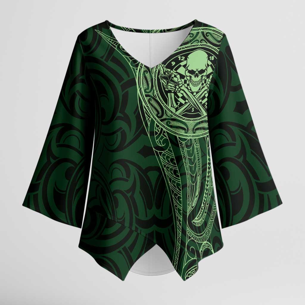 New Zealand Skull Darts Kimono Sleeve Blouse Aotearoa Maori Chest Tattoo Stylized Green LT14 Female Green - Polynesian Pride