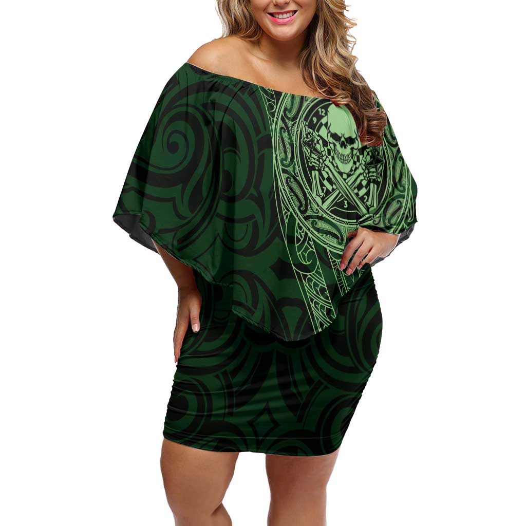 New Zealand Skull Darts Off Shoulder Short Dress Aotearoa Maori Chest Tattoo Stylized Green LT14 Women Green - Polynesian Pride