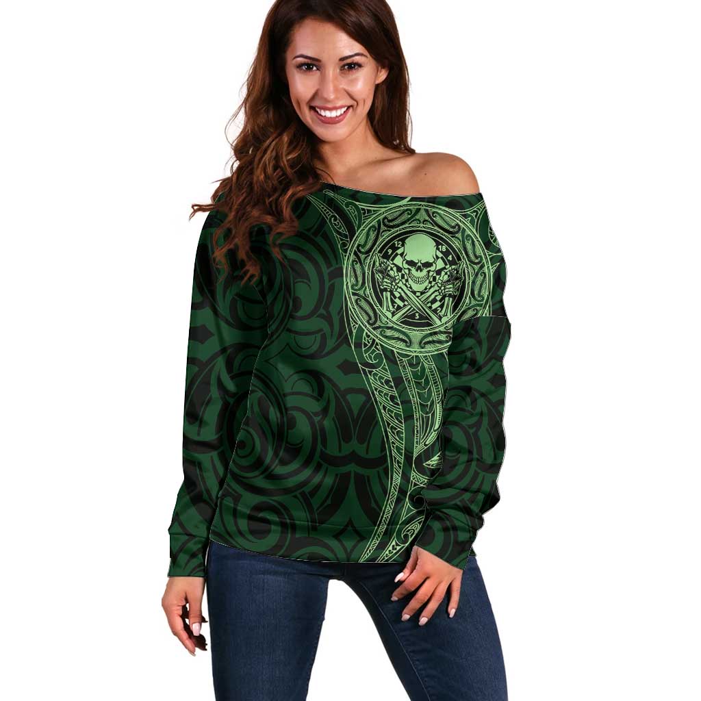 New Zealand Skull Darts Off Shoulder Sweater Aotearoa Maori Chest Tattoo Stylized Green LT14 Women Green - Polynesian Pride