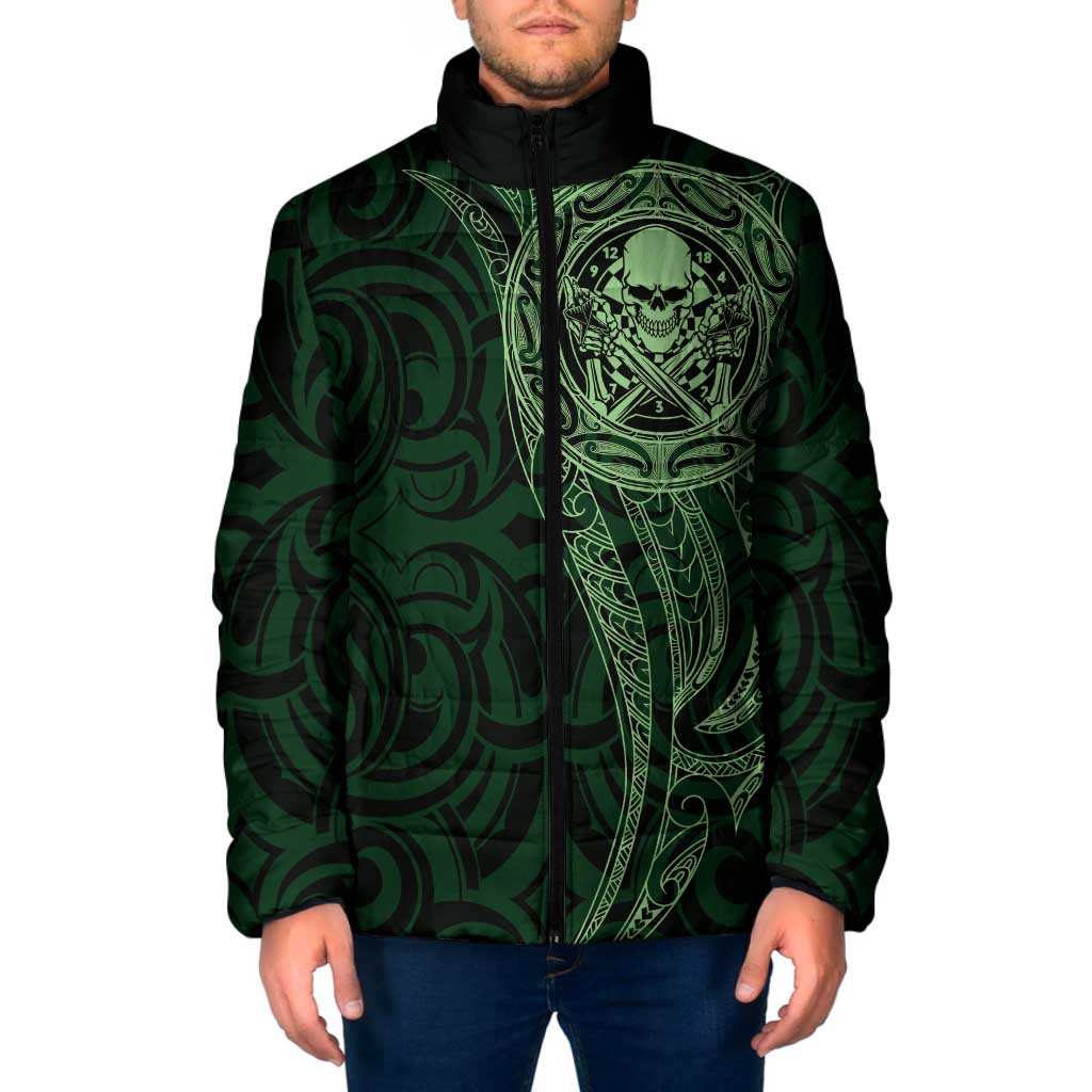 New Zealand Skull Darts Padded Jacket Aotearoa Maori Chest Tattoo Stylized Green LT14 Men Green - Polynesian Pride
