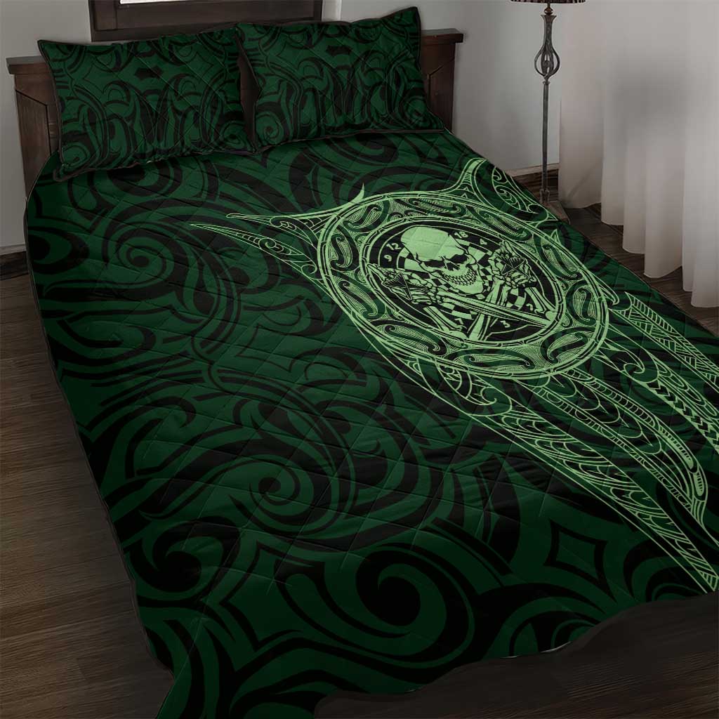 New Zealand Skull Darts Quilt Bed Set Aotearoa Maori Chest Tattoo Stylized Green LT14 Green - Polynesian Pride