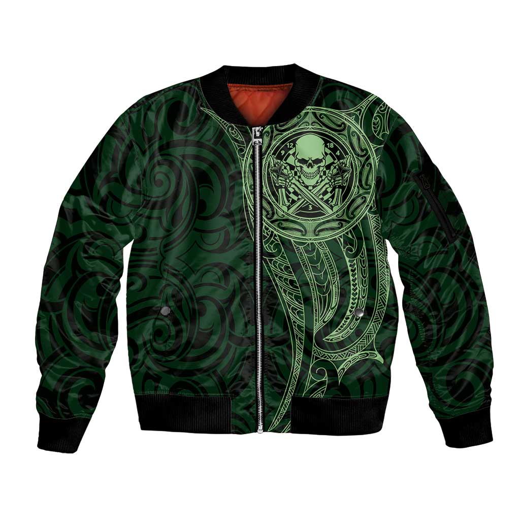 New Zealand Skull Darts Sleeve Zip Bomber Jacket Aotearoa Maori Chest Tattoo Stylized Green LT14 Unisex Green - Polynesian Pride